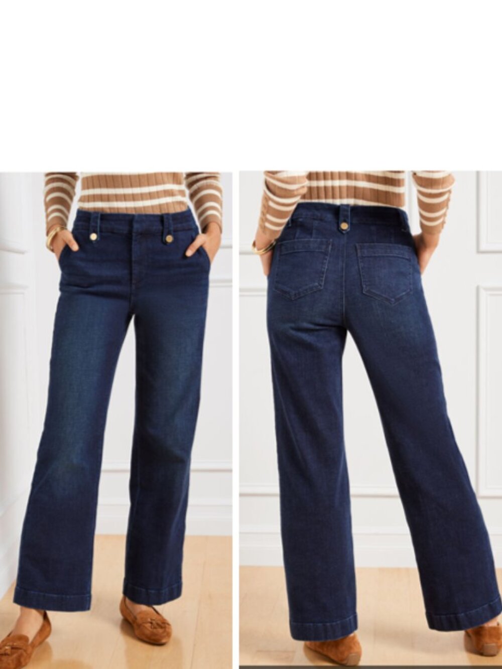 Talbots Wide Leg Sailor Jeans Trouser Denim Gold Buttons Size 8